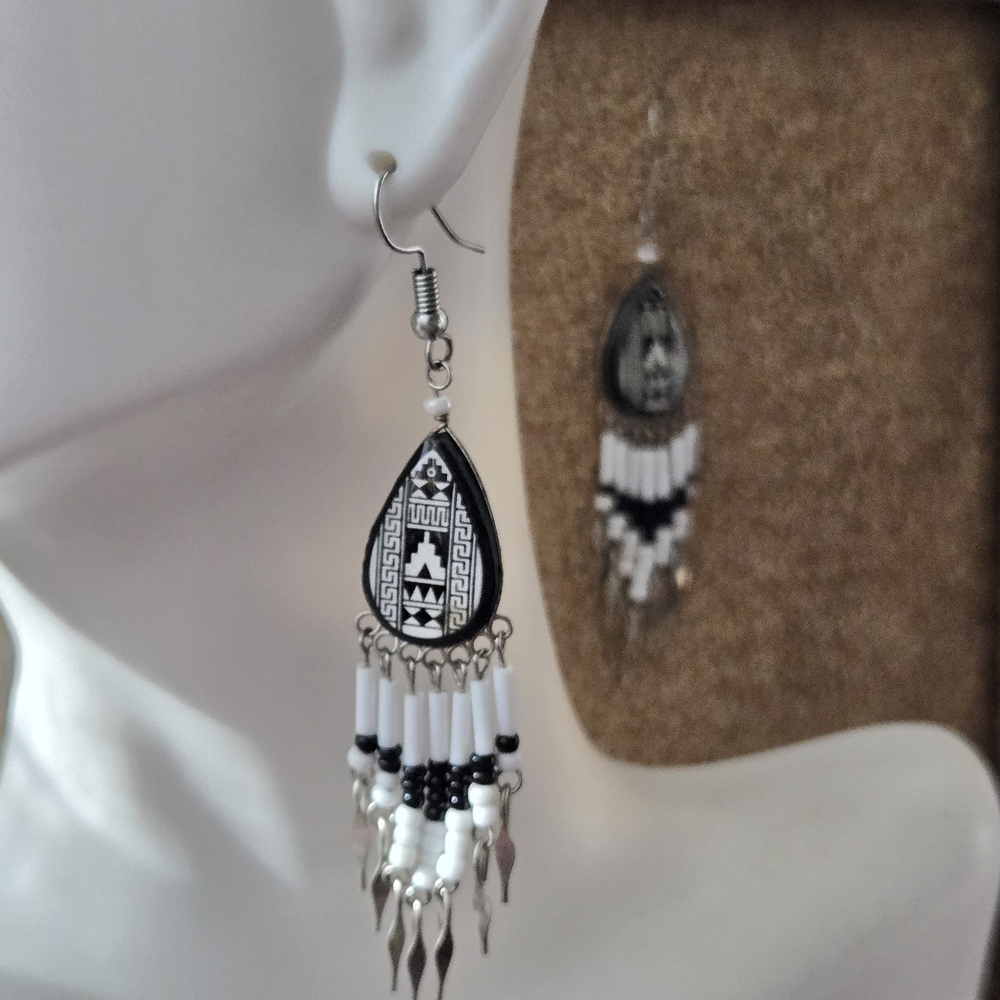 Black & White Teardrop Beaded Dangle Earrings - Women Jewelry
